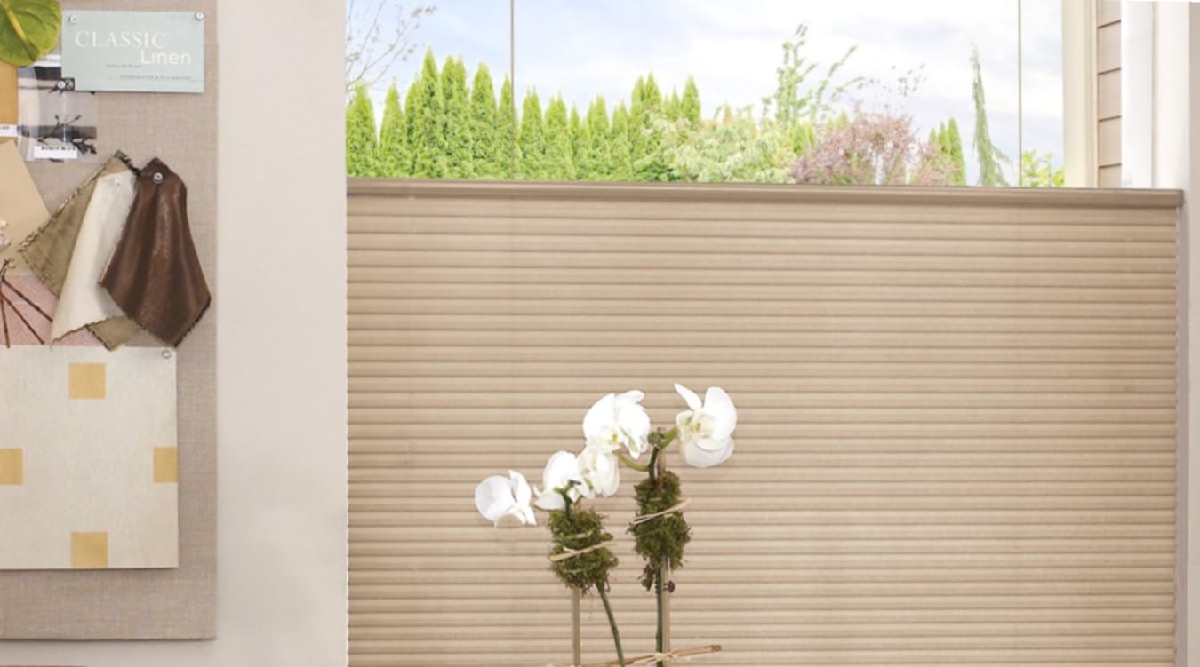 Top-down/bottom-up cellular shades in a home office.